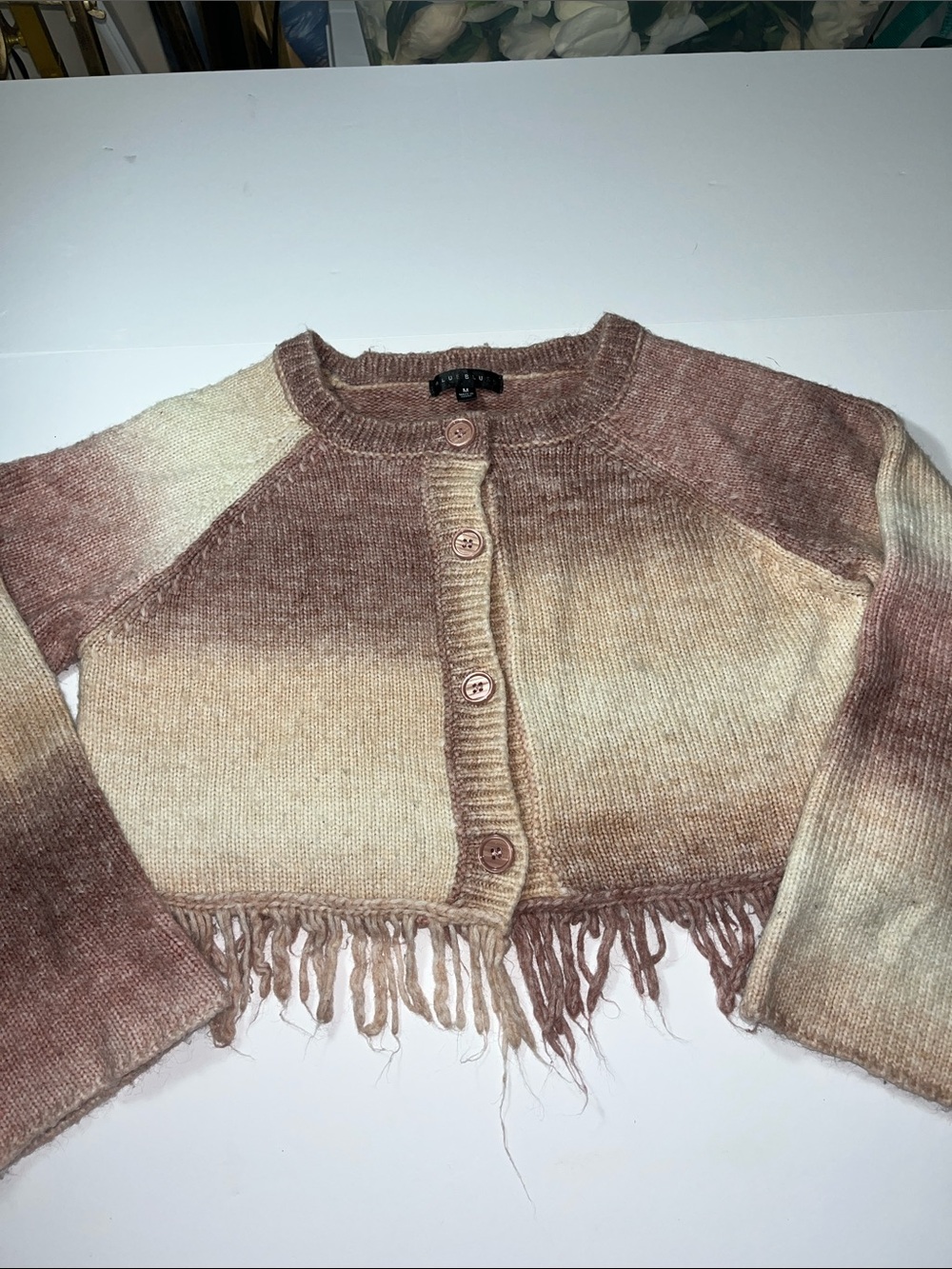 Blue Blush Taupe and Cream Ombre Fringed Button-Up Cardigan